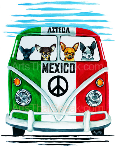 Hector Santiago Art - Dog Art - VW Bus Art- VW Art - Mexico Art - Chihuahua Art